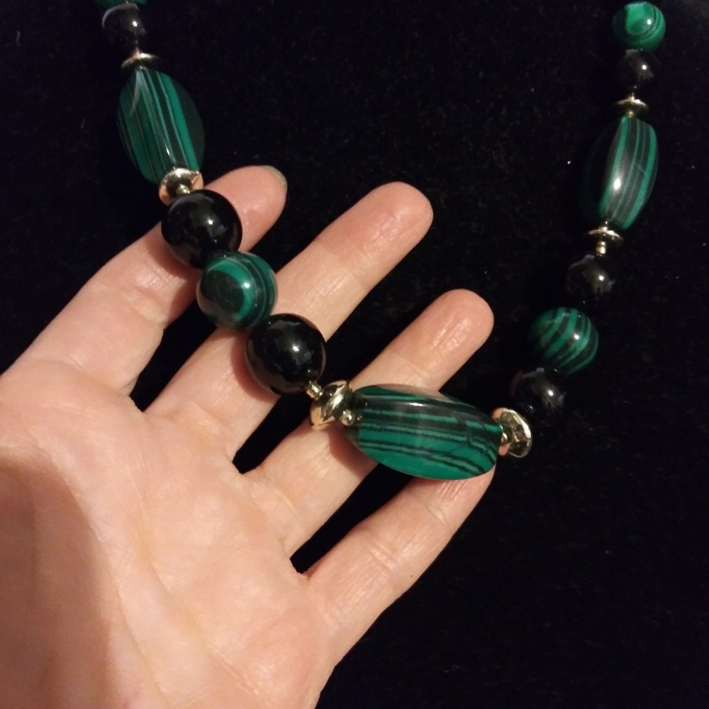 3/$18 Vintage Faux Malachite & Black Bead Necklace - Picture 2 of 5